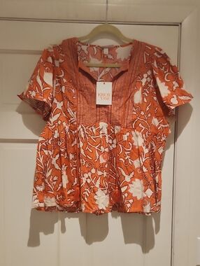 NWT Knox Rose Orange Floral Peasant Blouse Size XL